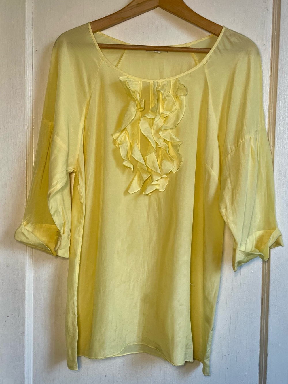 Gap Butter Yellow Silk Cotton Ruffle Blouse Large Sheer 3/4 Sleeve Top